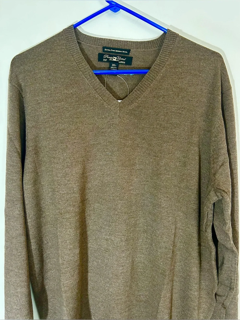 Pronto Uomo 100% Extra Fine Merino Wool Men’s V-Neck Sweater - Brown, XL - NWT